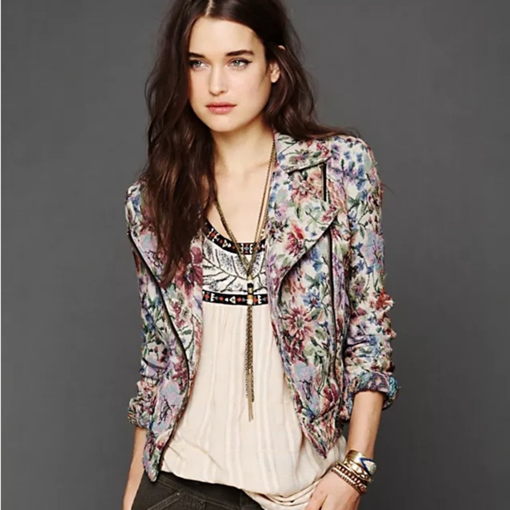 Free People Floral Tapestry Moto Jacket